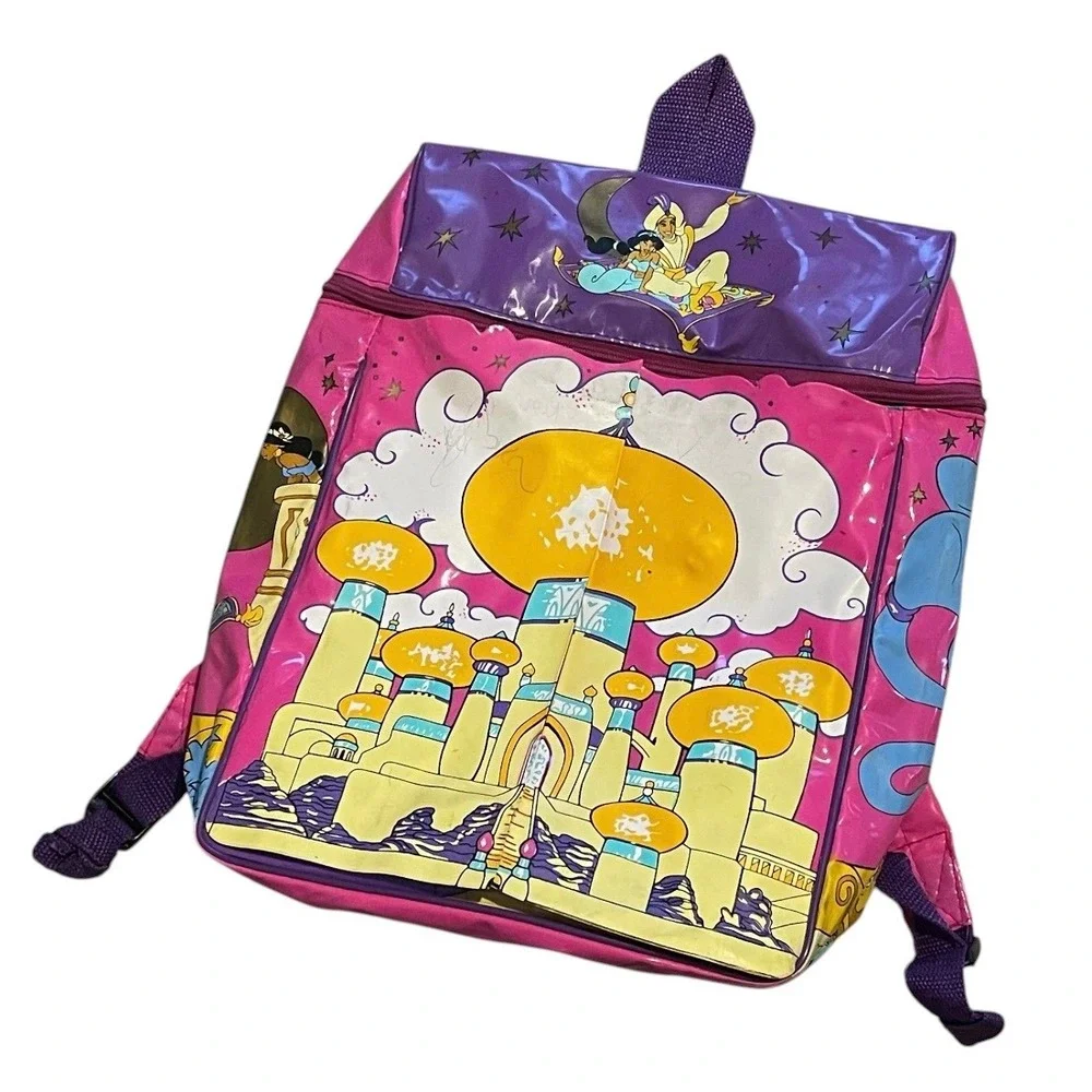 Vintage Disney Aladdin‎ Jasmine Genie Pink Purple Vinyl Backpack 90s Kids Bag
